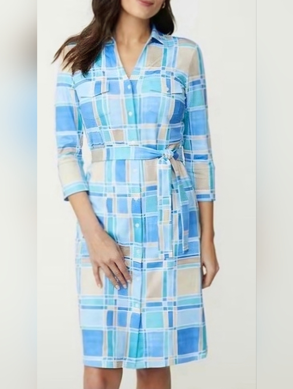 J. McLaughlin Plaid Shirtwaist Tie-Belt Dress in Blue and Beige
